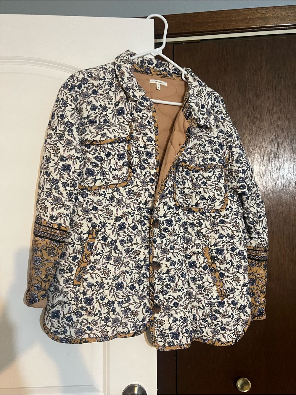 Maurices Floral Quilted Jacket in White, Blue & Tan